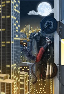 Chat à moto sur un immeuble